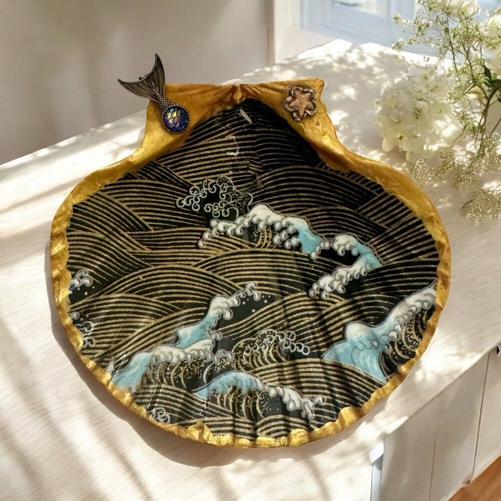Hand made Decoupage Scallop Shell Trinket Dish First Wave Mermaid Tail
